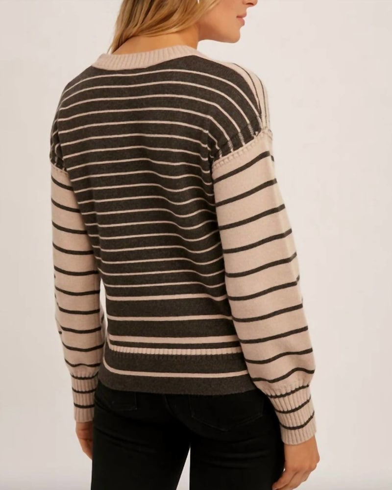 Back of a model wearing a size L Striped Short Sweater in Mauve/Brown in Mauve/Brown by Hem & Thread. | dia_product_style_image_id:340336